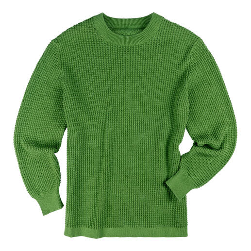Grüner Waffelpullover in strukturierter Optik, Vorderansicht.