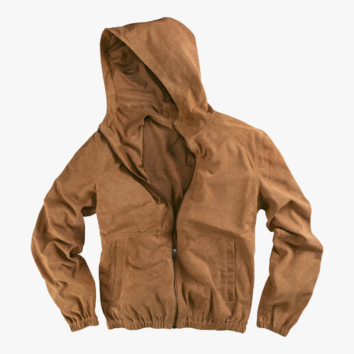 Brauner Veloursleder-Hoodie mit perforiertem Muster