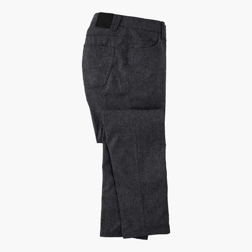 Anthrazitfarbene Kaschmir-Five-Pocket-Hose, seitliche Ansicht.