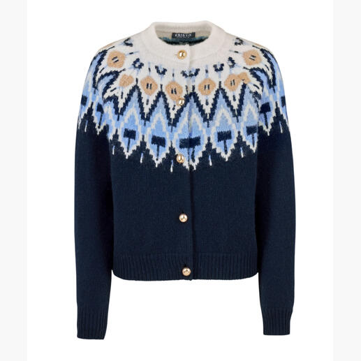 Dunkelblauer Norweger-Cardigan mit Mustern, formeller Stil.