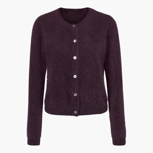 Dunkelvioletter Cardigan aus Kaschmir mit weichem Stoff.