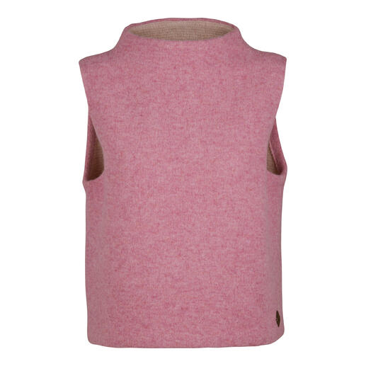 Vorderansicht eines rosa Pullunders mit Rundhalsausschnitt.