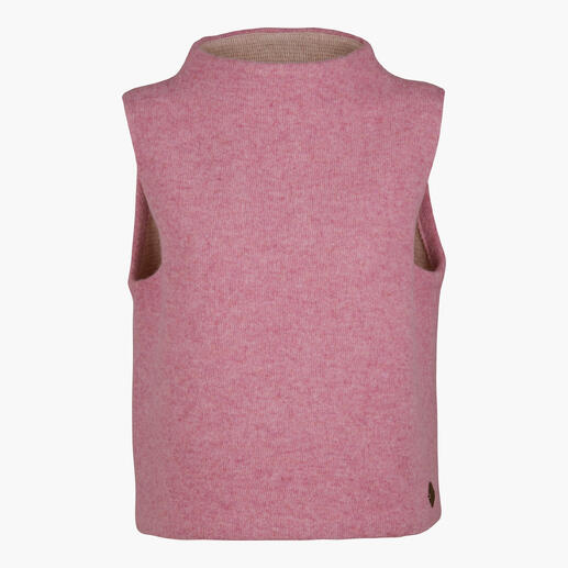 Vorderansicht eines rosa Pullunders mit Rundhalsausschnitt.