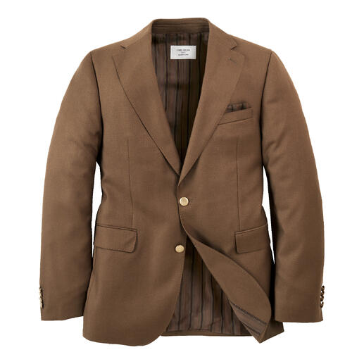 Offener brauner Blazer auf weißem Hintergrund, mit der Innenseite sichtbar.
