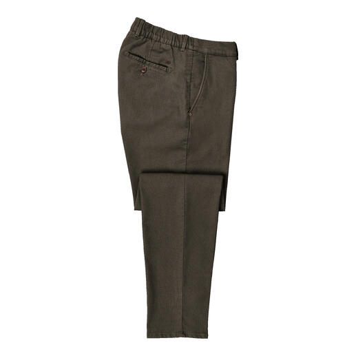 Seitenansicht einer olivgrünen Brax Winter-Chino, Größe 25.