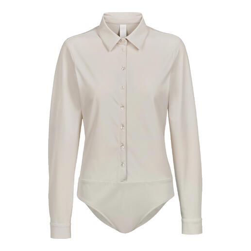Beige Blusenbody mit langen Ärmeln und Knopfleiste.