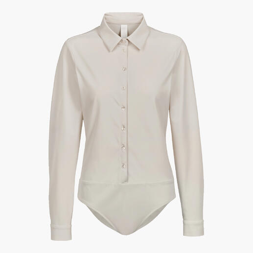 Beige Blusenbody mit langen Ärmeln und Knopfleiste.