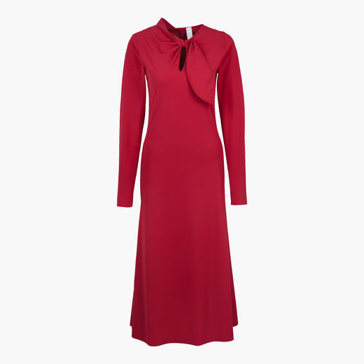 Das rote Scarlet-Dress aus extrafeinem, italienischem Eurojersey. So unkompliziert kann ein schickes Anlass-Kleid sein. Von JapanTKY. Rotes Kleid mit langen Ärmeln und einem Schleifen-Detail.