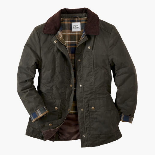 Olivfarbene Outdoorjacke mit Karomuster und Reißverschluss.