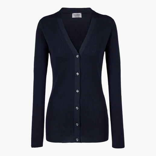 Dunkelblaue Strickjacke mit V-Ausschnitt und Knöpfen.