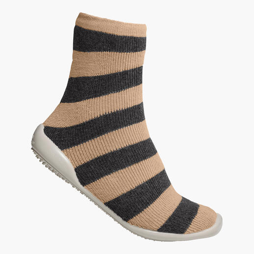 Beige-graue gestreifte Haussocke mit rutschfester Sohle.