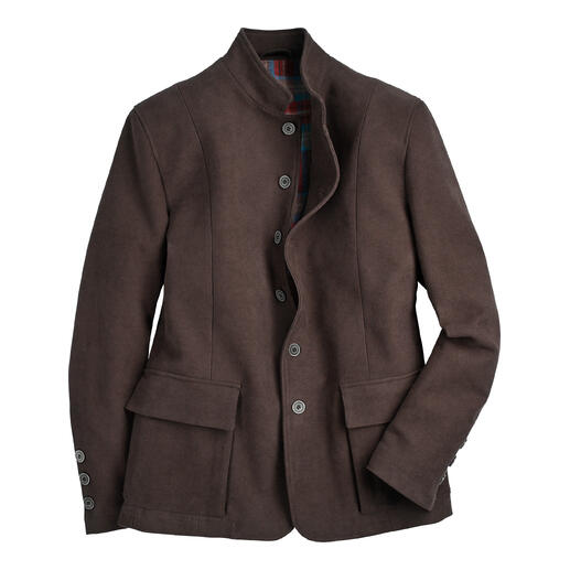 Braune Moleskin-Jacke mit Stehkragen und Knopfverschluss.