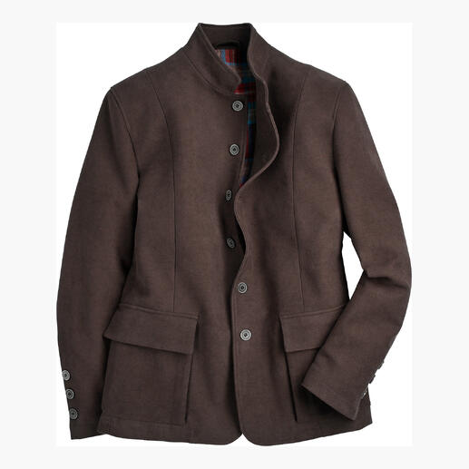 Braune Moleskin-Jacke mit Stehkragen und Knopfverschluss.