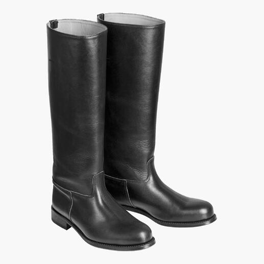 Schwarze Reiterstiefel aus Leder mit hohem Schaft.