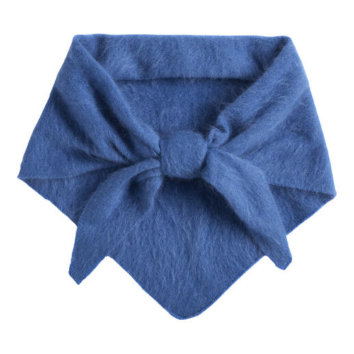 Blaue Kaschmir-Halstuch mit Knoten in der Mitte.