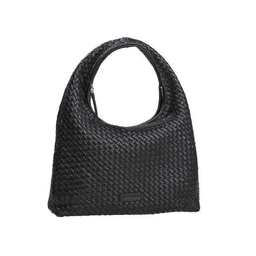 Schwarze Hobo-Flechttasche, mit breitem Tragegriff und elegantem Design.
