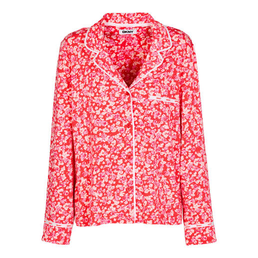 Rotes DKNY Pyjamashirt mit Blumenmuster, Vorderansicht.