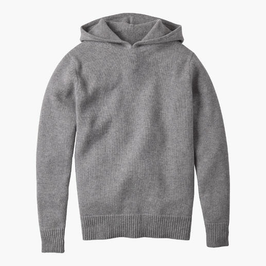 Der luxuriöse Boiled-Cashmere-Hoodie im aktuellen Oversized-Stil. Wie wird erlesenes Kaschmir noch weicher, noch wärmer? Einfach heißes Wasser zufügen. Grauer Boiled Cashmere H-Hoodie auf hellem Hintergrund