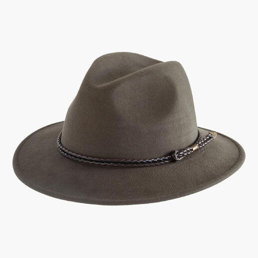 Ein khakifarbener Wollfilzhut mit einer geflochtenen Kordel.