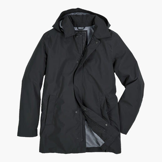 Dunkelgraue Business-Regenjacke, hängend an einem Kleiderbügel.