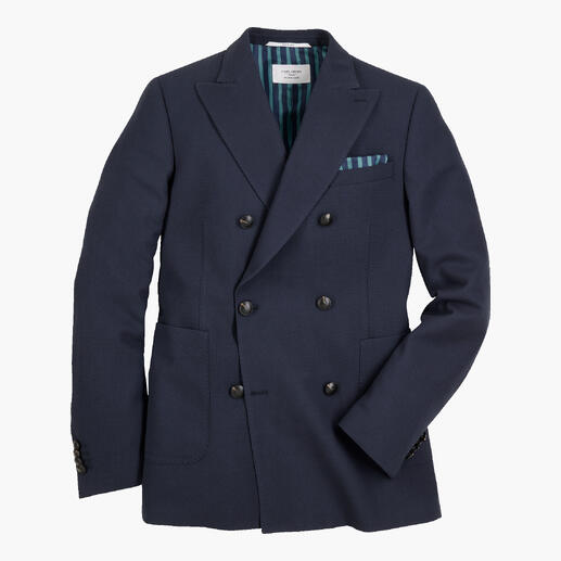 Dunkelblauer Pinpoint-Blazer mit doppelter Knopfreihe und breitem Revers.