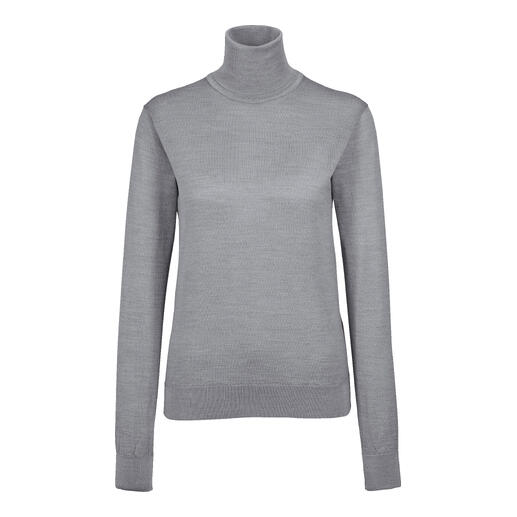 Grauer Rollkragenpullover aus feinem Material mit langen Ärmeln.
