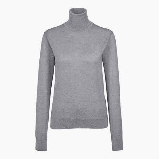 Grauer Rollkragenpullover aus feinem Material mit langen Ärmeln.