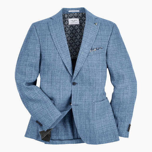Blaues Crinkle-Leinen-Sakko mit hochwertigem Muster.