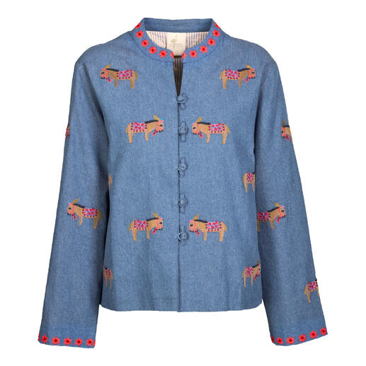 Jeansjacke mit Stickerei in Blau mit nostalgischem Design.