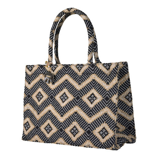 Schwarze Jacquard-Tote Bag mit Rautenmuster und Griffen.