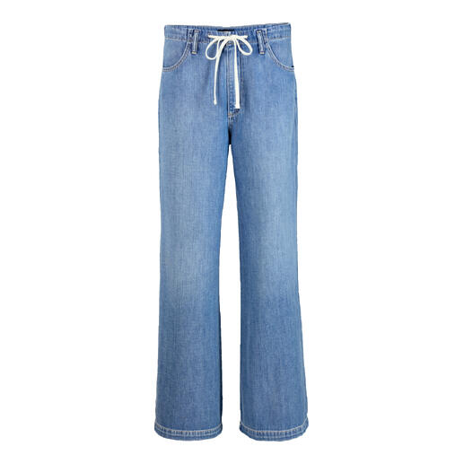 Vordere Ansicht einer blauen Baumwoll-Jeans mit Kordelzug