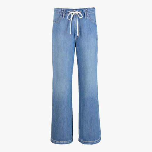 Vordere Ansicht einer blauen Baumwoll-Jeans mit Kordelzug