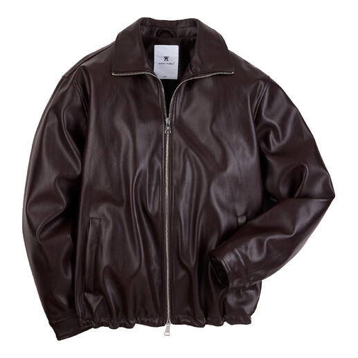 Braune Kunstlederjacke in Größe 48 mit Reißverschluss und weichem Innenfutter.