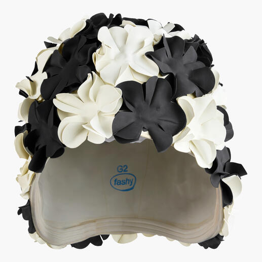 Blüten Badekappe in Schwarz und Weiß, Detailansicht der Blumen.