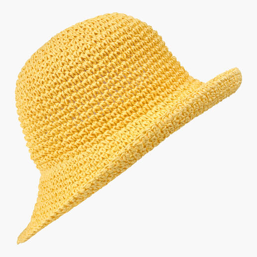 Roeckl Paper-Crochet Hut in Gelb, Detailansicht der Häkelstruktur.