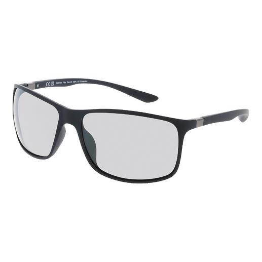 Schwarze Swisseg Sonnenbrille mit grauen Gläsern, seitliche Ansicht.