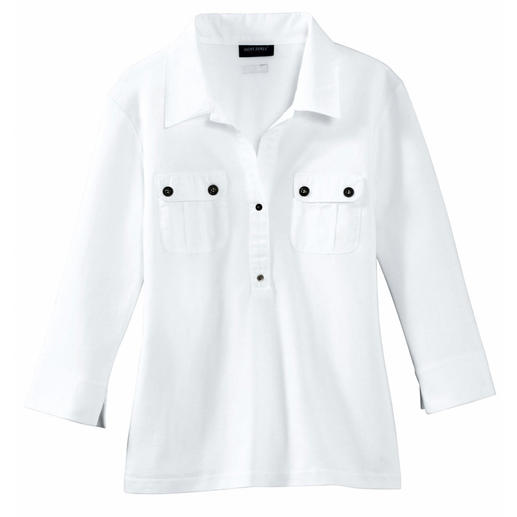 Das Blusen-Shirt von Saint James: Schick wie eine Bluse, aber vielseitig und pflegeleicht wie ein T-Shirt. Aus weichem Interlock-Jersey mit konfektioniertem Kragen, modischem 3/4-Arm und aufgesetzten Brusttaschen.