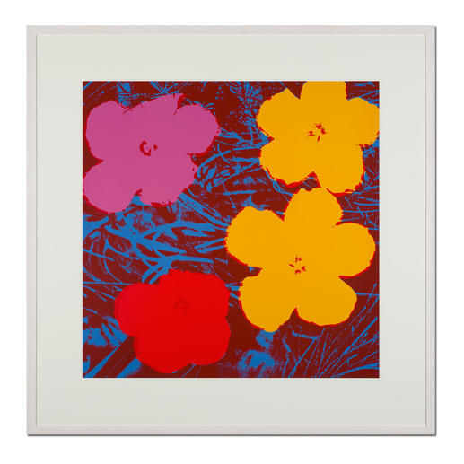 Andy Warhol – Flowers rot Sunday B. Morning Siebdruck auf 1,52 mm starkem Museumskarton. Maße: gerahmt 112 x 112 cm