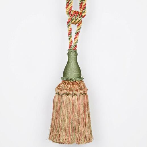 Raffhalter mit buntem Fransenmotiv in Grün und Beige.