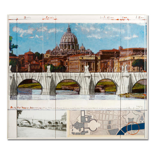 Christo – Ponte St. Angelo, Wrapped – Project for Rome, 1969-2011 Ein echtes Sammlerstück: Christos handübermalte und mit Stoff collagierte Collage. Geschützt hinter Acrylglas. Die letzten 8 Exemplare von „Ponte St‘Angelo“. Maße: gerahmt 72,5 x 64,2 cm