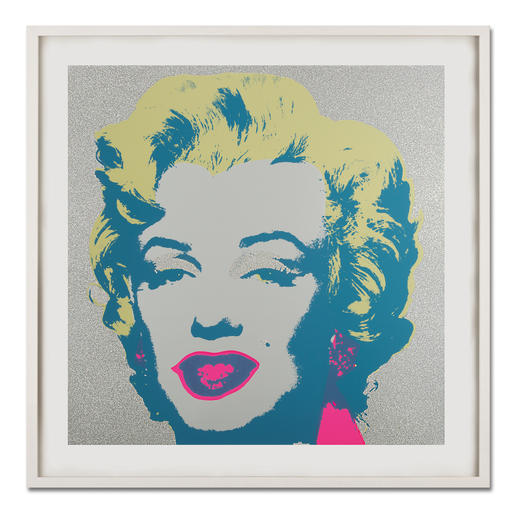 Andy Warhol – Marilyn Diamond Dust Andy Warhols Marilyn Monroe – mit glitzerndem „Diamond Dust“ veredelt. Siebdrucke aus der bedeutenden Sunday B. Morning Edition. Maße: gerahmt 112 x 112 cm