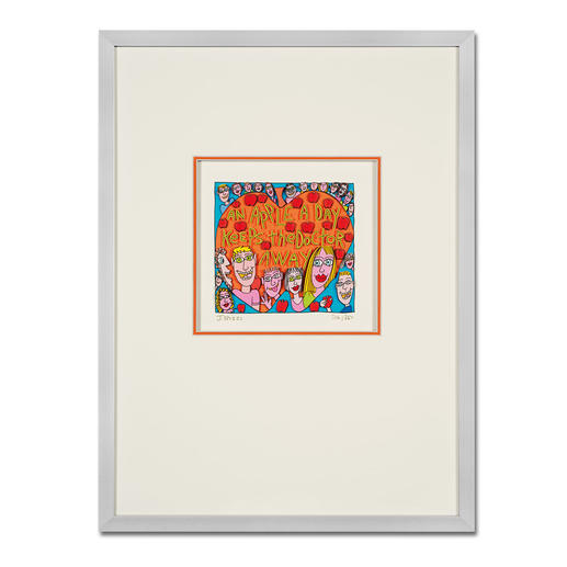James Rizzi – An apple a day keeps the doctor away 3D-Papierskulpturen des verstorbenen James Rizzi. 350 Exemplare. Maße: gerahmt 30 x 40 cm