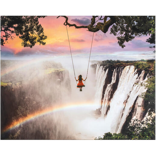 Robert Jahns – Victoria Falls Swing Robert Jahns: Einer der populärsten Instagram-Stars. Limitierte Pro-Idee Leinwand-Edition seines Buchcovers „Traumwelten“. Maße: 100 x 80 cm