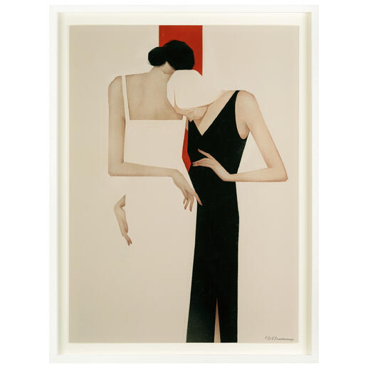 Valeriya Simantovskaya – Affection Aufstrebender Star am Kunstmarkt-Himmel. Nach erfolgreichem Debüt editiert Valeriya Simantovskaya ein drittes ihrer unverkennbaren Werke. Maße: 70 x 93 cm. Kunstwerk mit zwei stilisierten Figuren in einem emotionalen Moment, umrahmt von einem Rahmen.