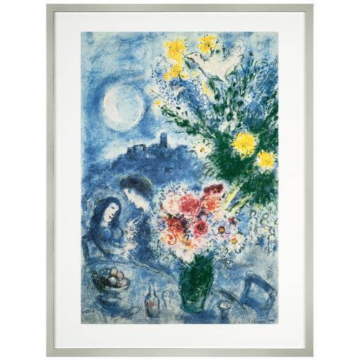 Marc Chagall – Abenderinnerung 1959 Standort des Originals: unbekannt. Preis: vermutlich unbezahlbar. Marc Chagalls „Abenderinnerung 1959“: Große Kunst zum kleinen Preis für Ihr Zuhause. Maße: 68 x 83 cm. Farbenfrohes Gemälde von Marc Chagall mit Blumen und Figuren.