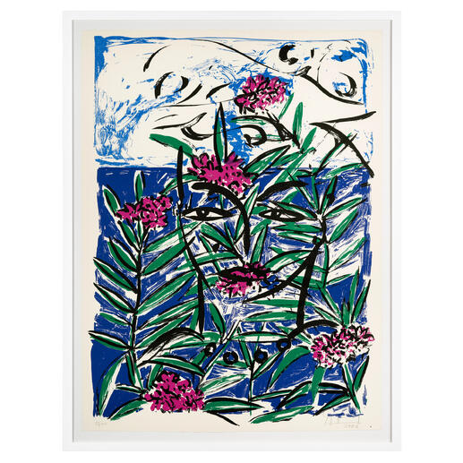 Stefan Szczesny – Mallorca Oleander Wild. Sinnlich. Szczesny. Die letzten 15 handsignierten Exemplare seiner Edition „Mallorca Oleander“. Exklusiv bei Pro-Idee. Maße: 68 x 89 cm. Bunte Darstellung von Oleanderblüten vor einem blauen Hintergrund.