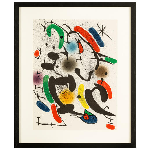 Joan Miró – Tanz Joan Miro: Einst wollte er die Malerei ermorden. Die ikonische Lithografie „Tanz“ von 1975. Maße: 35 x 42 cm. Abstraktes Kunstwerk mit Linien und Farben in lebhaften Tönen.