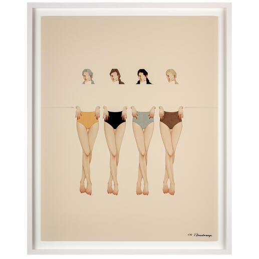 Kunstwerk mit einer Gruppe von Tänzern in Bademode, die an einer Leine hängen, vor einem hellen Hintergrund.