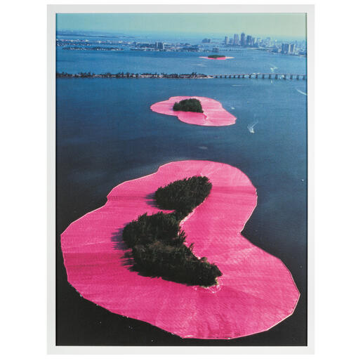 Luftaufnahme von pinken Inseln im Wasser vor einer Stadt