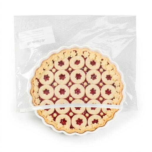 Tarte in transparenter Verpackung mit fruchtiger Füllung.